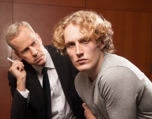 Pictured left to right: John Fisher* as Martin Dysart and Morgan Lange as Alan Strang in EQUUS by Peter Shaffer A Theatre Rhinoceros Production at the Eureka Theatre; Photo by David Wilson. *Member Actors' Equity Association.