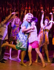 Pictured: Darryl V. Jones* as Bernadette, Nicole Thordsen as Shirley, and the Company in PRISCILLA, QUEEN OF THE DESERT, directed by John Fisher. A Theatre Rhinoceros Production at the Eureka Theatre, Photo by David Wilson. *Member Actors Equity Association