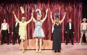 Pictured left to right: Charles Peoples III as Adam, Rudy Guerrero as Tick, Darryl V. Jones as Bernadette and the Company in PRISCILLA, QUEEN OF THE DESERT, directed by John Fisher. A Theatre Rhinoceros Production at the Eureka Theatre, Photo by David Wilson.