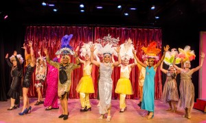 Pictured left to right: Darryl V. Jones as Bernadette, Charles Peoples III as Adam, Rudy Guerrero as Tick and the Company in PRISCILLA, QUEEN OF THE DESERT, directed by John Fisher. A Theatre Rhinoceros Production at the Eureka Theatre, Photo by David Wilson.