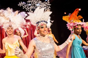 : Pictured left to right: Derek Miller as Peacock, Rudy Guerrero as Tick, Charles Peoples III as Adam and the Company in PRISCILLA, QUEEN OF THE DESERT, directed by John Fisher. A Theatre Rhinoceros Production at the Eureka Theatre, Photo by David Wilson.