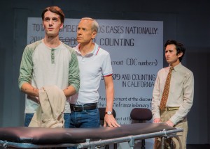 Pictured left to right: John Fisher as Ned, Jeremy Alan Howard as David, and Tim Garcia as Mickey in THE NORMAL HEART by Larry Kramer; A Theatre Rhinoceros Production at The Gateway Theatre (formerly The Eureka Theatre.) Photo by David Wilson.