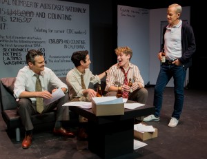 Pictured left to right: Benoît Monin as Bruce, Tim Garcia as Mickey, Morgan Lange as Tommy and John Fisher as Ned in THE NORMAL HEART by Larry Kramer; A Theatre Rhinoceros Production at The Gateway Theatre (formerly The Eureka Theatre.) Photo by David Wilson.