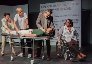 Pictured left to right: Tim Garcia as Mickey, John Fisher as Ned, Benoît Monin as Bruce, Nick Moore as Craig and Leticia Duarte as Emma in THE NORMAL HEART by Larry Kramer; A Theatre Rhinoceros Production at The Gateway Theatre (formerly The Eureka Theatre.) Photo by David Wilson.