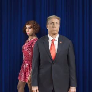 Charles Peoples III as Ruby and John Fisher as Donald Trump in the Theatre Rhinoceros production TRANSITIONS, written and directed by John Fisher. A Theatre Rhinocdeos Production at the Gateway Theater (formerly The Eureka Theater). Photo by David Wilson.
