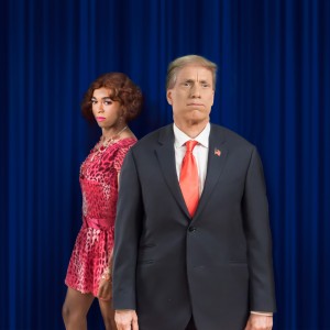 Charles Peoples III as Ruby and John Fisher as Donald Trump in the Theatre Rhinoceros production TRANSITIONS, written and directed by John Fisher. A Theatre Rhinocdeos Production at the Gateway Theater (formerly The Eureka Theater). Photo by David Wilson.