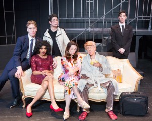 Morgan Lange as Ezekial, Charles Peoples III as Ruby, Kathryn L. Wood as Dalanka, Katie Rubin* as Melania Trump, John Fisher* as Donald Trump and Gabriel A. Ross as Toray in John Fisher's TRANSITIONS; A Theatre Rhinoceros Production at The Gateway Theatre (formerly The Eureka); Photo by David Wilson.