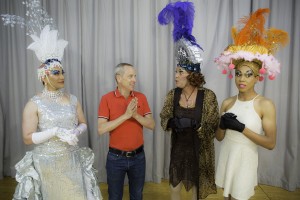 Pictured L to R: Rudy Guerrero* as Tick, John Fisher the Director, Kim Larsen as Bernadette, and Charles Peoples III* as Adam in PRISCILLA, QUEEN OF THE DESERT, The Musical, directed by John Fisher. A Theatre Rhinoceros Production at the Eureka Theatre, Photo by David Wilson.