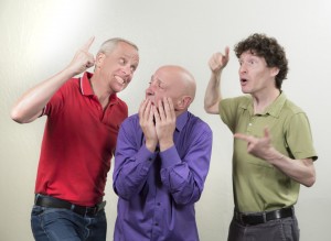 Pictured L to R: John Fisher as Johno, Michael DeMartini as Neely, and Gabriel Ross as Seano in DAREBNB by John Fisher; a Theatre Rhinoceros/SparkArts production at SparkArts. Photo by David Wilson.