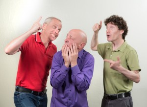 Pictured L to R: John Fisher as Johno, Michael DeMartini as Neely, and Gabriel Ross as Seano in DAREBNB by John Fisher; a Theatre Rhinoceros/SparkArts production at SparkArts. Photo by David Wilson.