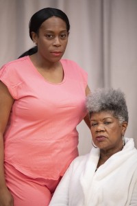Cece Suazo as Veronika and Shirley Smallwood as Carolyn in Chisa Hutchinson’s DEAD AND BREATHING, Directed by AeJay Mitchell; A Theatre Rhinoceros Production at the Gateway Theatre. Photo by Steven Ho.