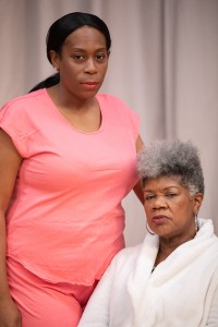 Cece Suazo as Veronika and Shirley Smallwood as Carolyn in Chisa Hutchinson’s DEAD AND BREATHING, Directed by AeJay Mitchell; A Theatre Rhinoceros Production at the Gateway Theatre. Photo by Steven Ho.