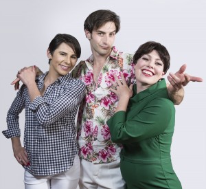 Pictured L to R: Carol Ann Walker as Liza Minnelli, Justin Genna* as Peter Allen, and Leandra Ramm* as Judy Garland in THE BOY FROM OZ, a Theatre Rhinoceros Production directed by John Fisher at The Gateway Theatre. Photo: David Wilson. *Actor appears Courtesy of Actors' Equity Association.