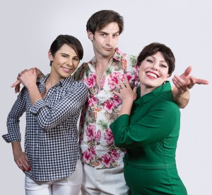 Pictured L to R: Carol Ann Walker as Liza Minnelli, Justin Genna* as Peter Allen, and Leandra Ramm* as Judy Garland in THE BOY FROM OZ, a Theatre Rhinoceros Production directed by John Fisher at The Gateway Theatre. Photo: David Wilson. *Actor appears Courtesy of Actors' Equity Association.