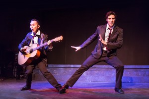 Pictured L to R: John Charles Quimpo as Chris and Justin Genna* Peter Allen in THE BOY FROM OZ, directed by John Fisher; a Theatre Rhinoceros Production at The Gateway Theatre. Photo by David Wilson.