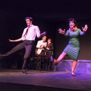 Pictured L to R: Justin Genna* as Peter Allen, John-Thomas Hanson as Mark, John Charles Quimpo as Chris and Leandra Ramm* as Judy Garland in THE BOY FROM OZ, directed by John Fisher; a Theatre Rhinoceros Production at The Gateway Theatre. Photo by David Wilson.