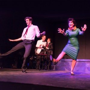 Pictured L to R: Justin Genna* as Peter Allen, John-Thomas Hanson as Mark, John Charles Quimpo as Chris and Leandra Ramm* as Judy Garland in THE BOY FROM OZ, directed by John Fisher; a Theatre Rhinoceros Production at The Gateway Theatre. Photo by David Wilson.