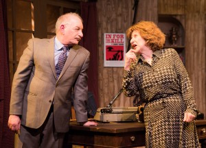 Pictured left to right: Randy Solomon as Porter Milgrim and Anne Hallinan as Helga Ten Dorp in Ira Levin’s Classic Thriller DEATHTRAP; A Theatre Rhinoceros Production at The Gateway Theatre; Directed by Jerry Metzker and John Fisher. Photo by David Wilson.