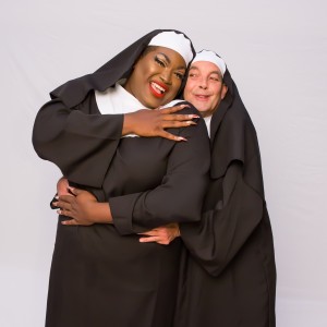 Pictured L to R: Branden Noel Thomas* as Deloris Van Cartier and Kim K. Larsen as the Mother Superior in the Theatre Rhinoceros production of SISTER ACT: THE MUSICAL, directed and choreographed by AeJay Mitchell; at the Gateway Theater. Photo by David Wilson. *Member, Actors' Equity Association