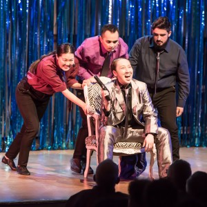 L to R: Joyce Domanico-Huh as Joey, John Charles Quimpo as T. J., Crystal Liu as Curtis, and Abraham Baldonado as Pablo in SISTER ACT, directed by AeJay Mitchell. A Theatre Rhinoceros Production at the Gateway Theatre. *Member Actors’ Equity Association