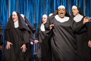 L to R: Anna Smith as Mary Patrick, Dee Wagner as Mary Lazarus, Branden Noel Thomas* and Paul Lopez as Mary Theresa as Deloris in SISTER ACT, directed by AeJay Mitchell. A Theatre Rhinoceros Production at the Gateway Theatre. *Member Actors’ Equity Association