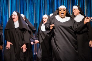 L to R: Anna Smith as Mary Patrick, Dee Wagner as Mary Lazarus, Branden Noel Thomas* and Paul Lopez as Mary Theresa as Deloris in SISTER ACT, directed by AeJay Mitchell. A Theatre Rhinoceros Production at the Gateway Theatre. *Member Actors’ Equity Association