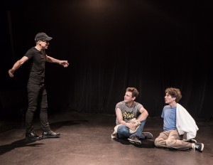 8449 Pictured L to R: John Fisher* as Clark Tail, Jake Soss as Cranston, and Gabriel A. Ross as Jason in John Fisher’s ACTION HERO; A Theatre Rhinoceros Production at The Phoenix Theatre. Photo by David Wilson. *Member, Actors' Equity Association