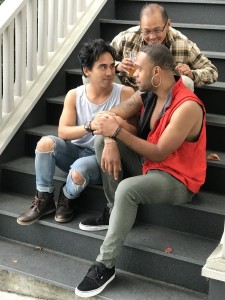 L-R, Earl Alfred Paul (Danny), Alan Quismorio (above, Arnel), and Stephen Minor (Qulie) in DRIVEN, by Boni Alvarez, directed by Ely Sonny Orquiza. A Theatre Rhinoceros at Spark Arts. Photo credit: Vince Thomas.