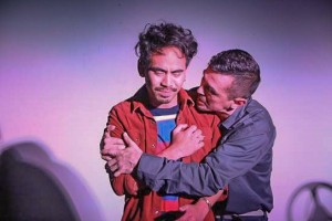(L to R) Earl Paus (as Danny)and Hector Ramon Zavala (Qulie) in DRIVEN, by Boni Alvarez. A production by Theatre Rhinoceros at Spark Arts, running through November 17.