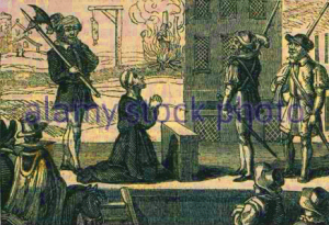 A Saint Kneeling before military men